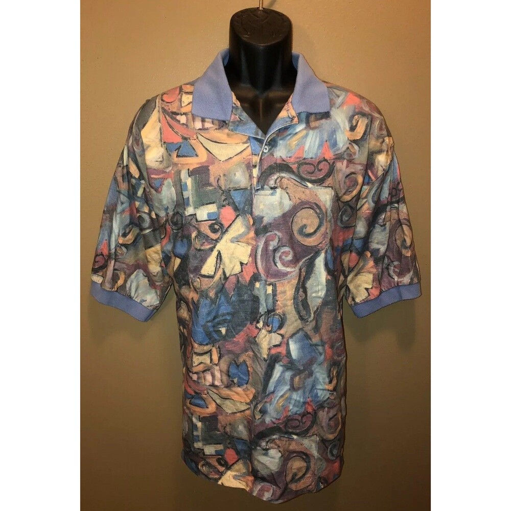 VTG 80s HIP HOP ABSTRACT Multicolor XL Button Polo Shirt USA Hip Hop RAP DJ Wild